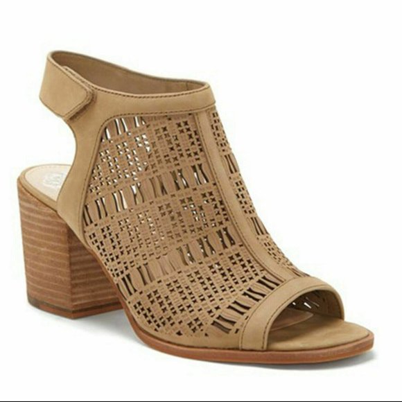 Vince Camuto Shoes - Vince Camuto Keannie Tipsy Taupe Laser Cutout Leather Stacked Block Heel Sandals